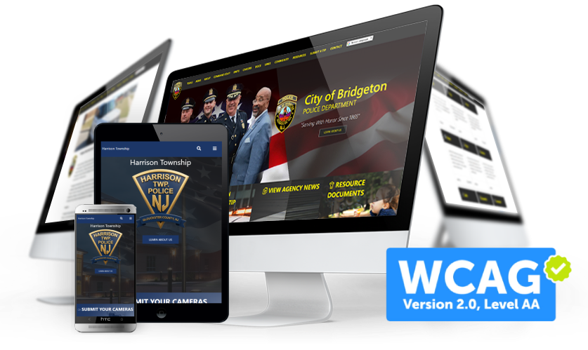 Community policing website interface shown on multiple desktop displays with WCAG certification badge