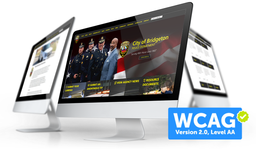 Community policing website interface shown on multiple desktop displays with WCAG certification badge