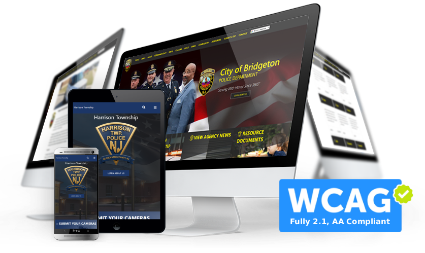 Community policing website interface shown on multiple desktop displays with WCAG certification badge
